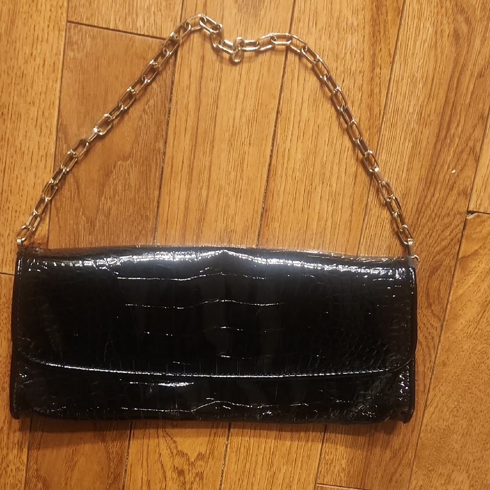 LOFT Black Patent Croc Embossed Clutch Chain Strap Evening Bag P-003